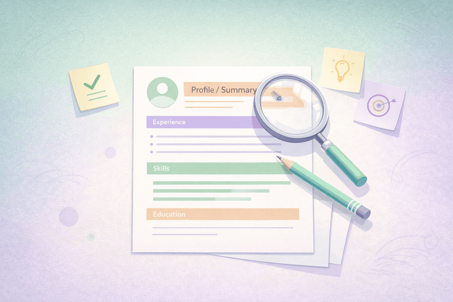 Minimal pastel illustration of a single-page CV on a desk, with the summary section highlighted, a magnifying glass hovering above it, a pencil making small edits, and sticky notes with simple icons, set against a soft mint-to-lavender gradient background.