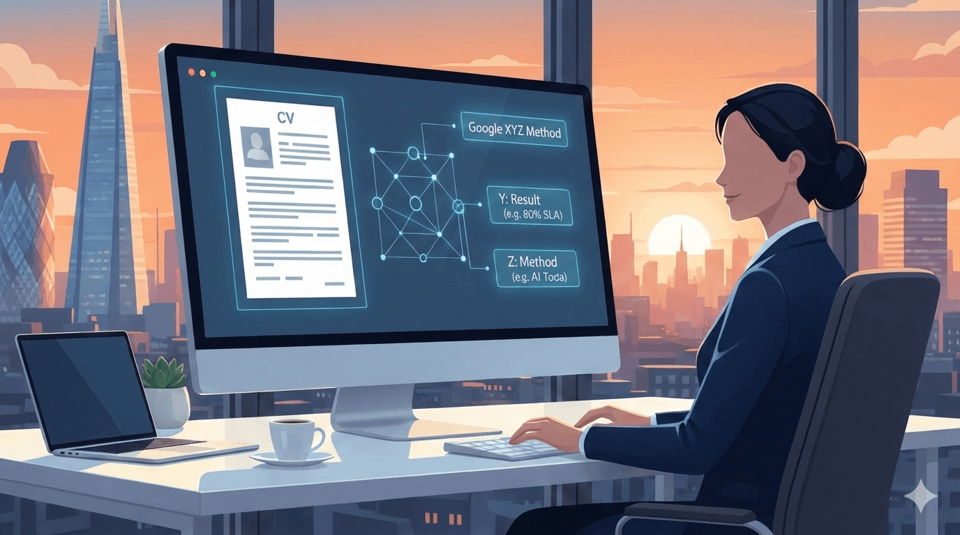 A minimalist vector illustration of a customer service professional at a desk, optimising a CV layout. The monitor displays a breakdown of the Google XYZ method (Action, Result, Method) against a stylised London skyline at sunset.