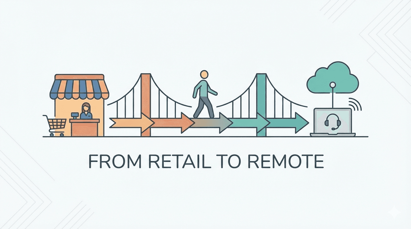 Minimalist vector illustration showing a bridge connecting a retail storefront to a remote work setup with a laptop and headset. Centered text reads 'FROM RETAIL TO REMOTE'. A clean, professional design representing career transition for UK customer service professionals."
