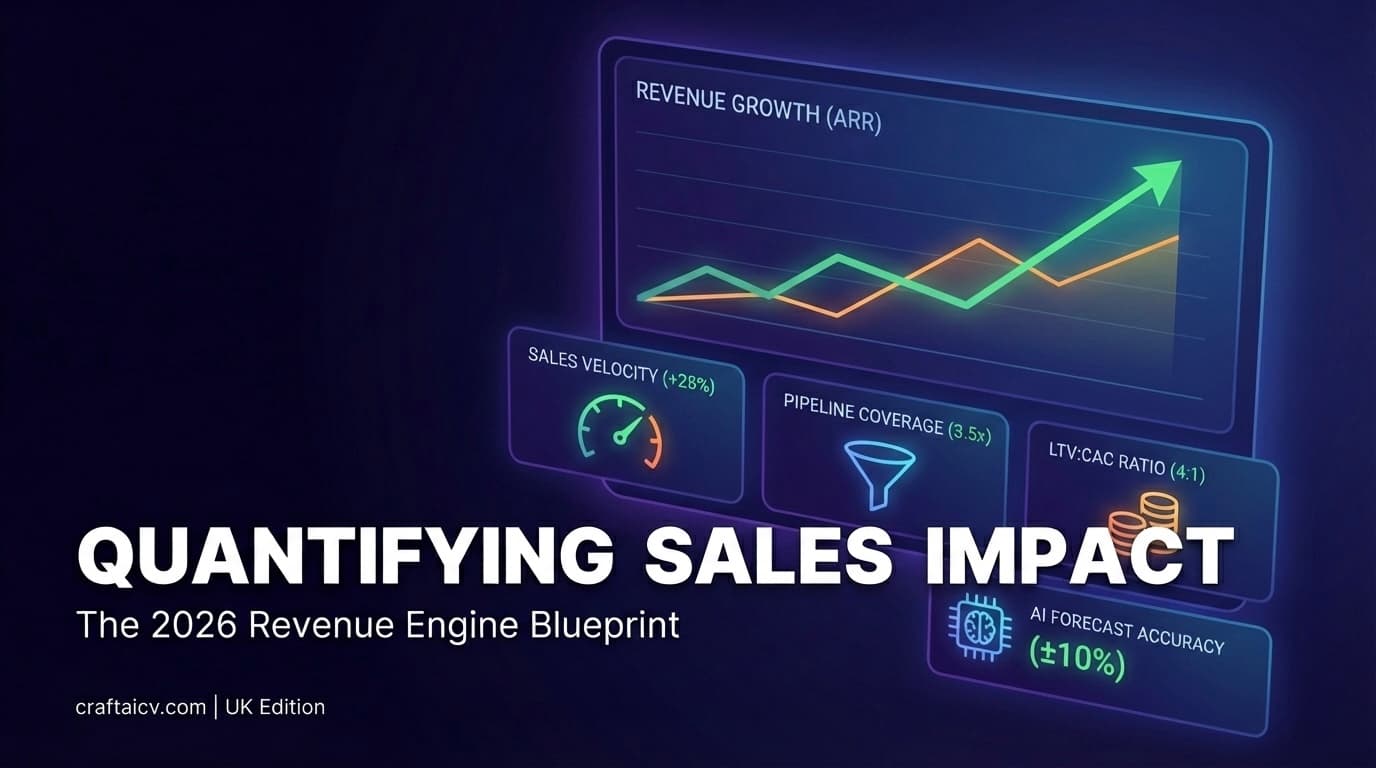 A futuristic, neon-styled sales leadership dashboard displaying key 2026 performance metrics: Revenue Growth (ARR) upward trend, +28% Sales Velocity, 3.5x Pipeline Coverage, 4:1 LTV to CAC ratio, and ±10% AI Forecast Accuracy. Designed for a professional UK sales manager CV guide.