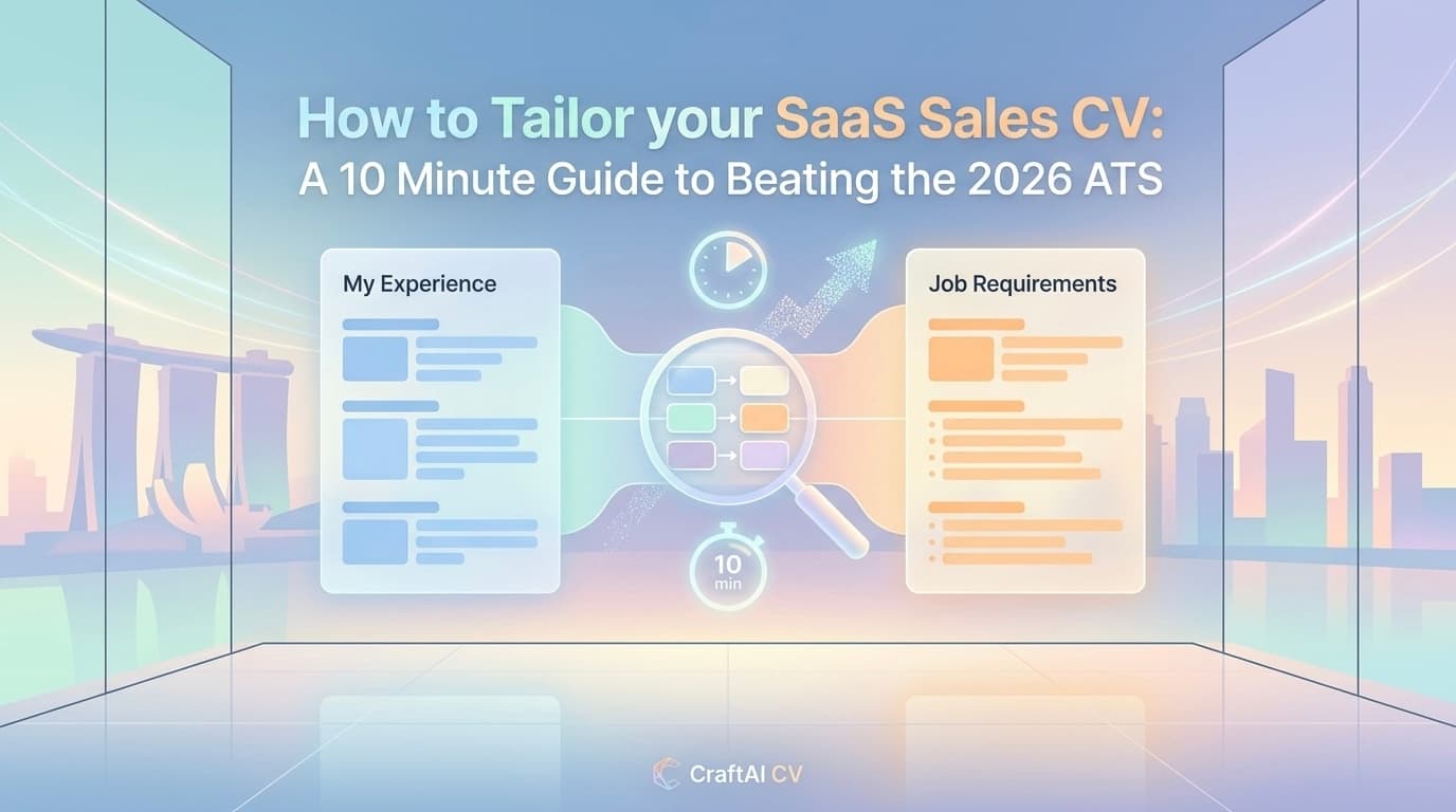 Minimalist pastel graphic showing a SaaS Sales CV being matched to job requirements in under ten minutes