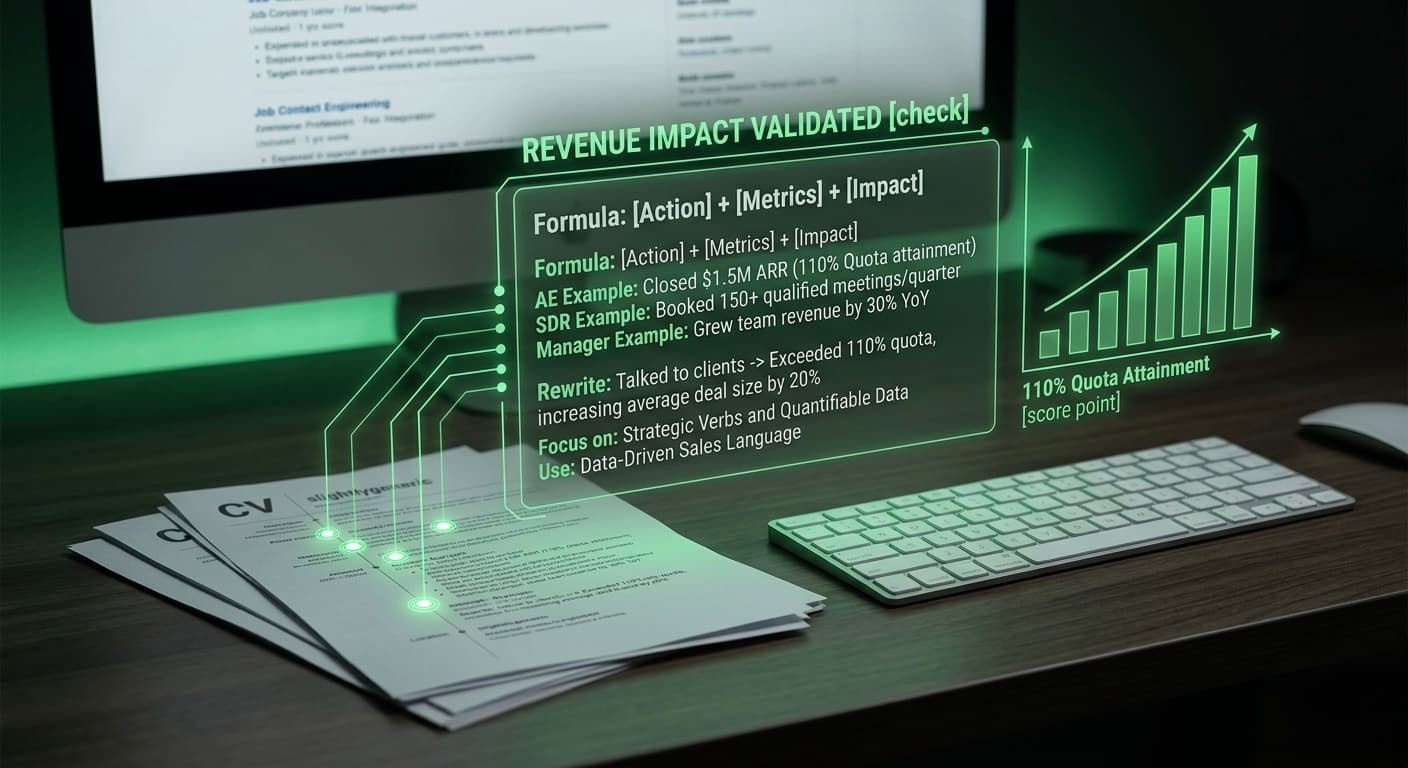 A stack of CVs on a desk with a green holographic overlay titled "REVENUE IMPACT VALIDATED." The display shows sales-specific bullet formulas and metrics for AE, SDR, and Sales Manager roles, alongside a bar chart showing 110% quota attainment.