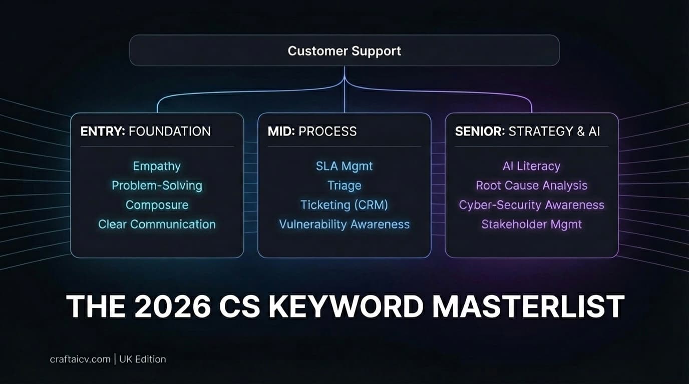A dark mode dashboard titled 'The 2026 CS Keyword Masterlist'. The image features a three-tier skill tree for Customer Support professionals: Entry (Foundation), Mid (Process), and Senior (Strategy & AI), listing key terms like SLA Management, AI Literacy, and Vulnerability Awareness.