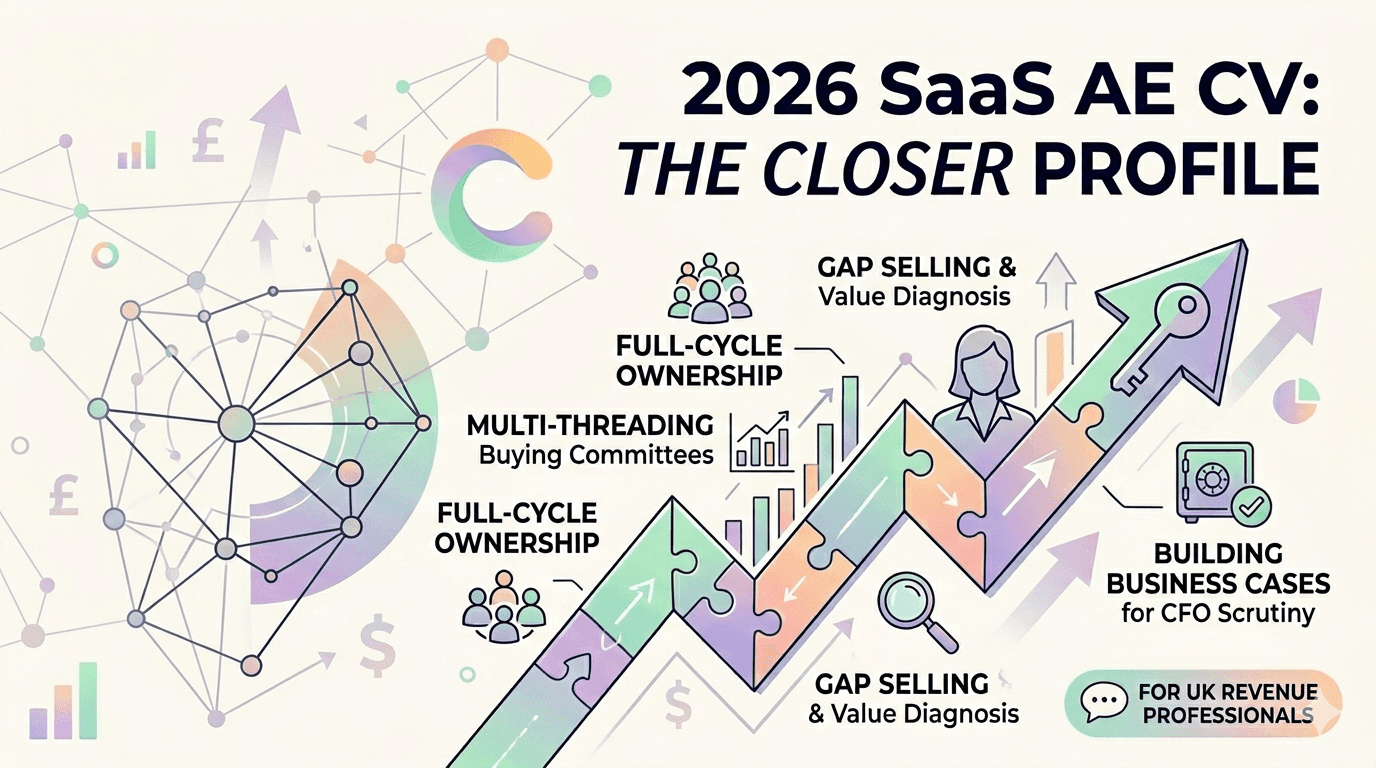 Infographic header titled '2026 SaaS AE CV: THE CLOSER PROFILE', showing a growth arrow made of key CV skill puzzle pieces like Gap Selling and Multi-threading.