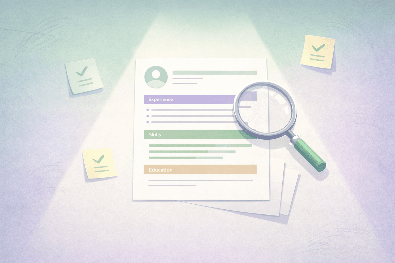 Minimal illustration of a CV being scanned with a magnifying glass next to check lists, representing why CVs get skipped and how to improve them.